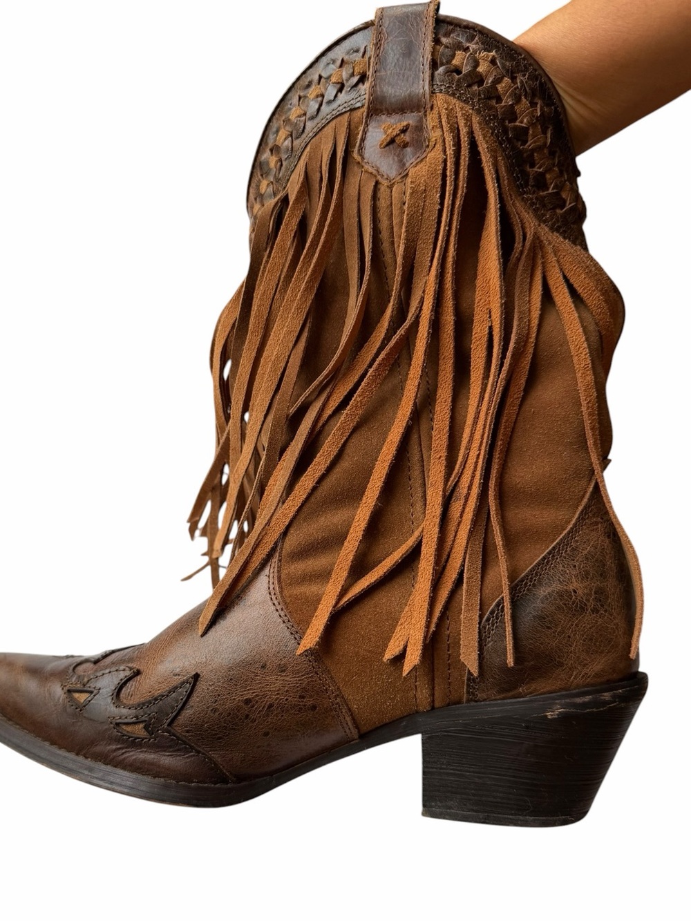 Fringed Brown Leather Western Ankle Boots size 8.5 - Picture 9 of 11